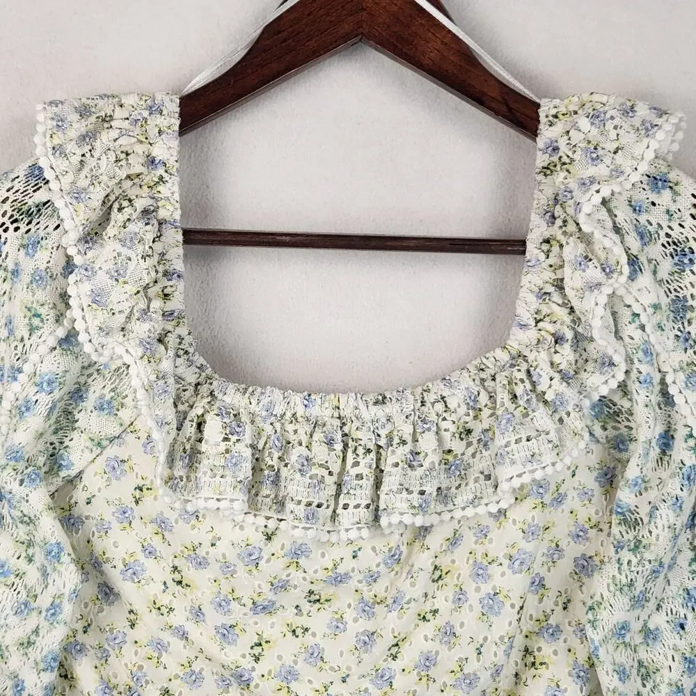 House of Harlow 1960 Floral Crop Blouse Womens M Blue Ruffle Cottagecore EUC - Picture 10 of 16